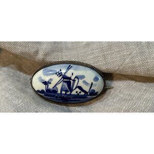 925 Sterling Silver Delft Jewelry Brooch Dutch windmill scene
